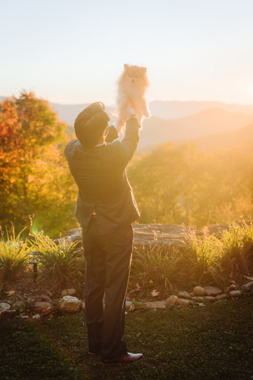 Man holds dog in air with mountains behind to mimic Lion King scene 