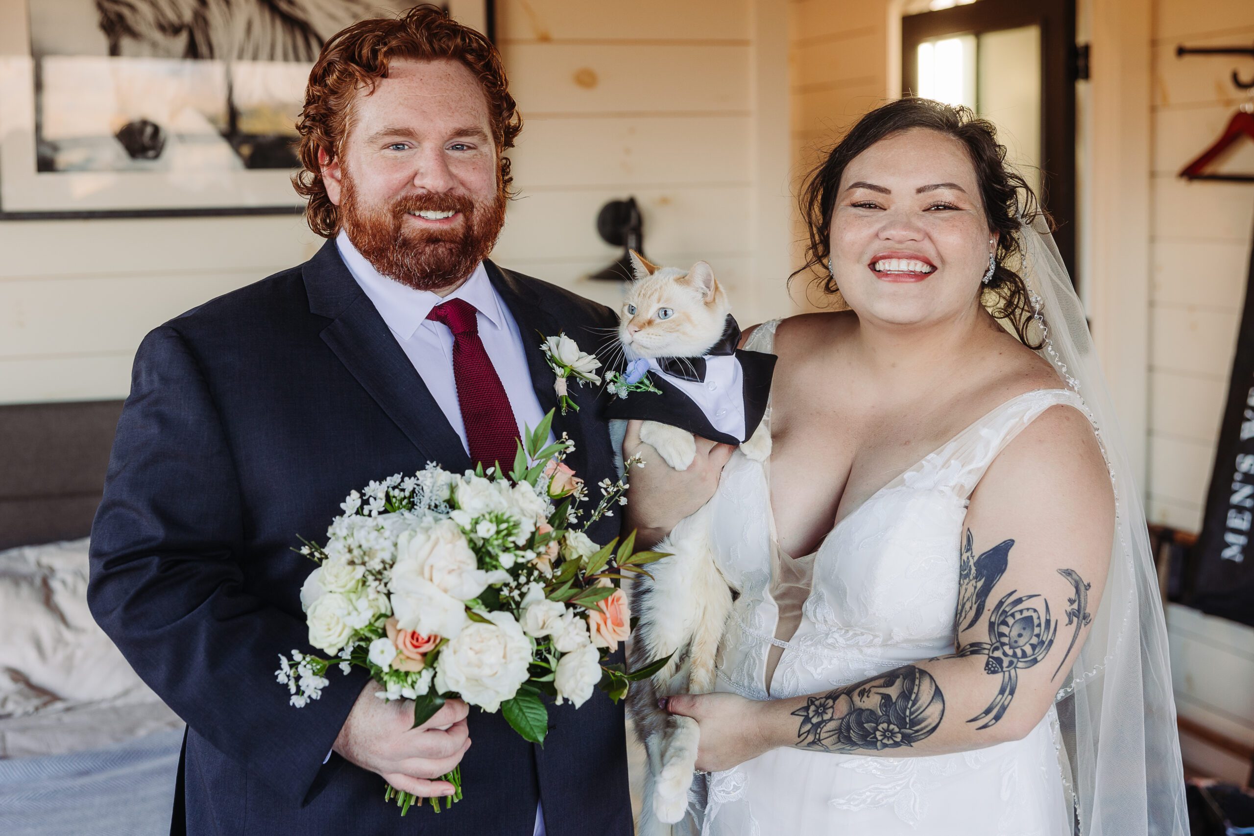 Eloping couple with cat on wedding day in Asheville NC
