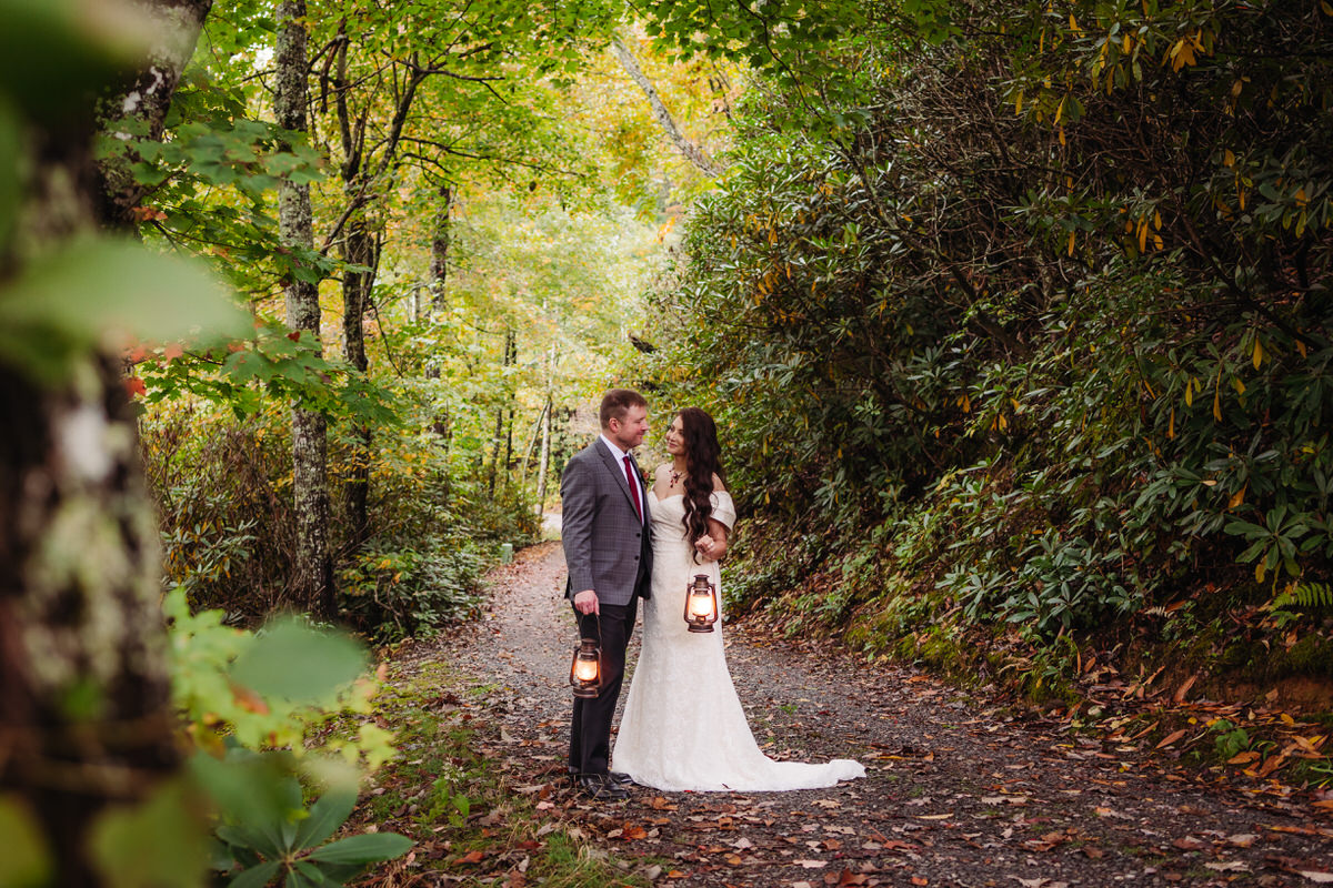 Romantic woodland elopement in North Carolina, surrounded by lush greenery