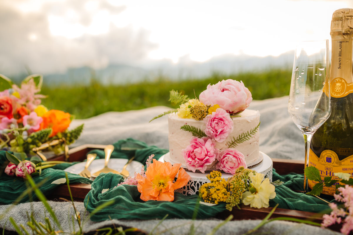 A beautiful summer elopement picnic setup featuring a small cake, champagne glasses, and a bottle of bubbly on a wooden table with a scenic mountain backdrop