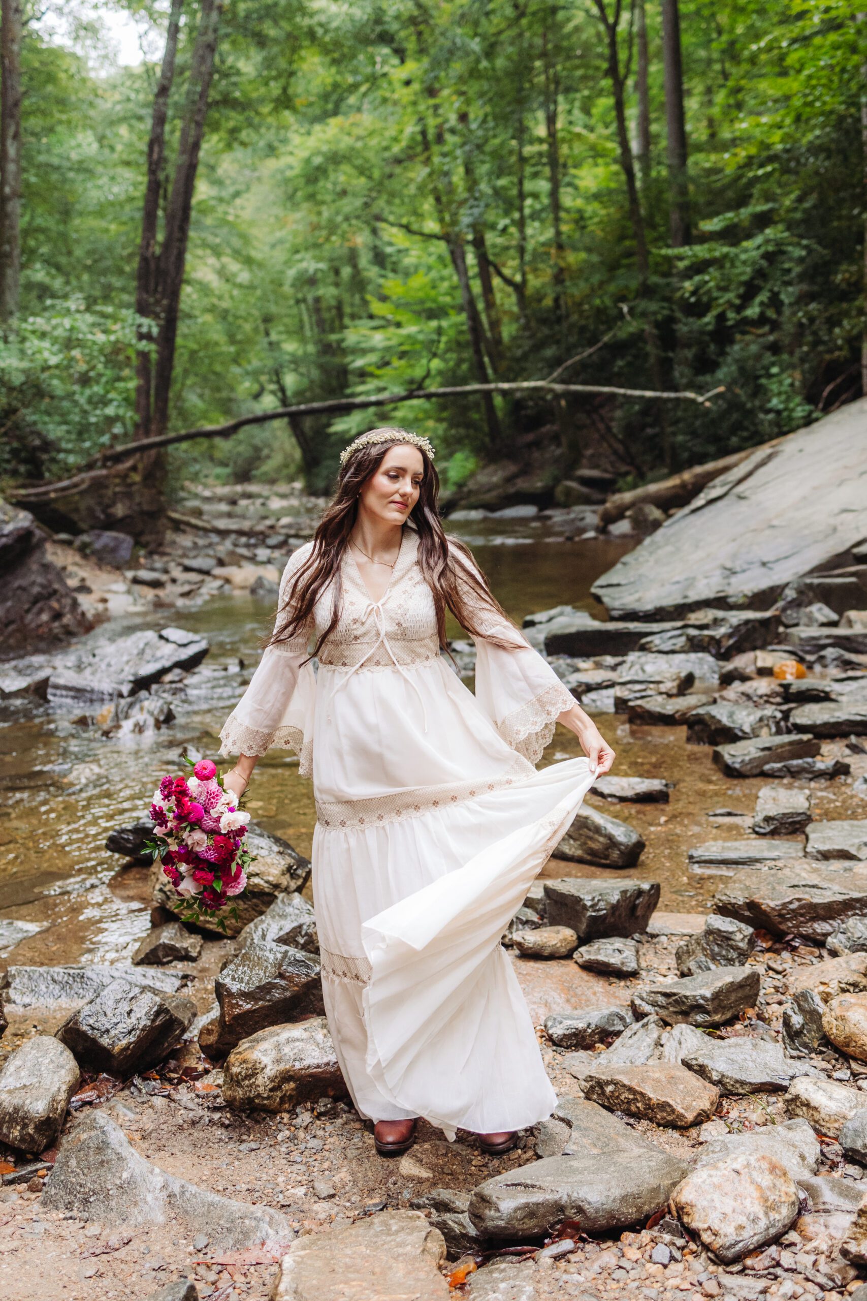 A collection of images showcasing the highlights of a couple’s waterfall elopement day—an intimate ceremony, the bride’s bouquet, the groom’s boutonniere, and other special moments, all set against the backdrop of lush greenery and the stunning waterfall.