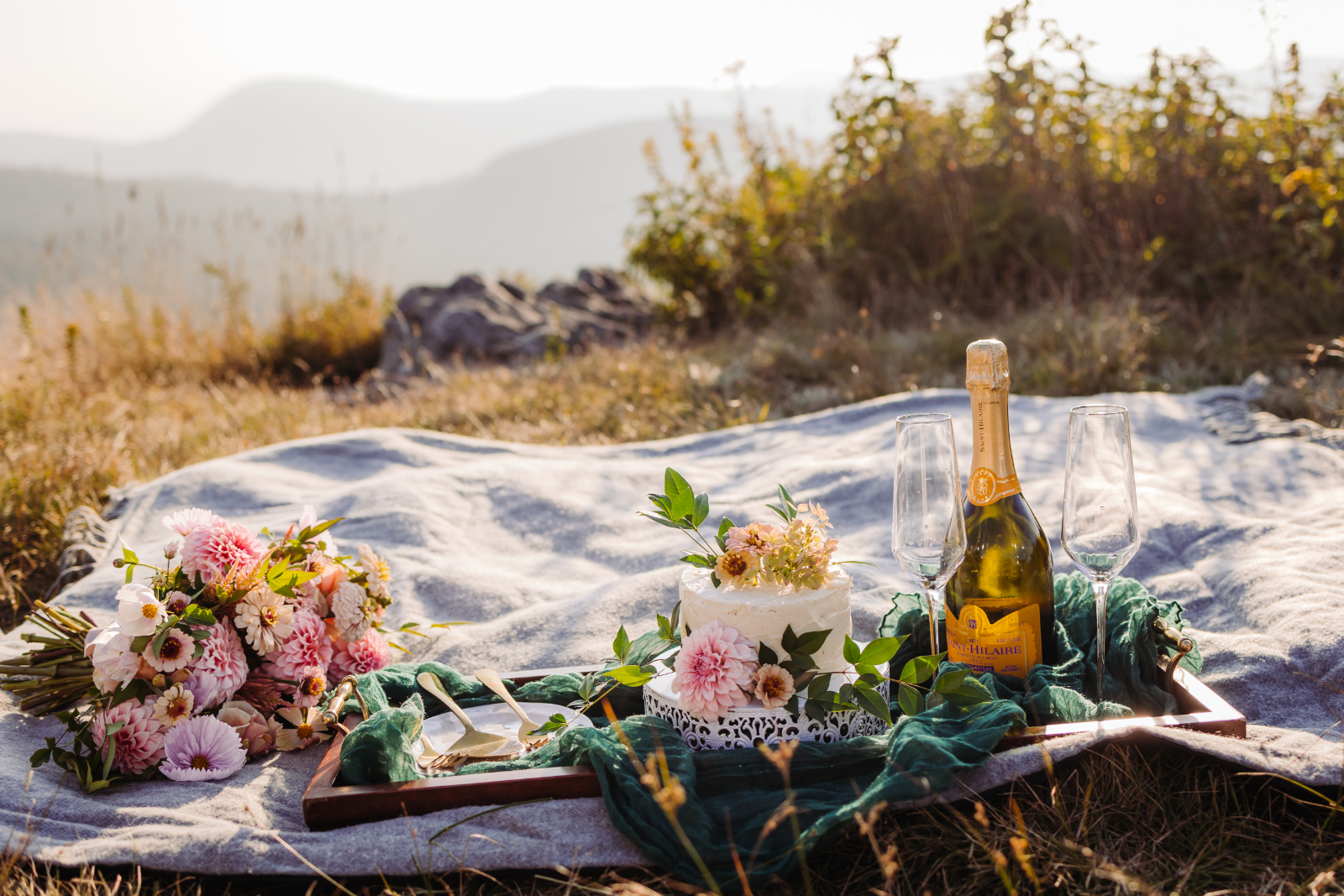 A picnic setup with flowers, champagne, and cake at a mountaintop meadow—ideal for couples who elope in Asheville.