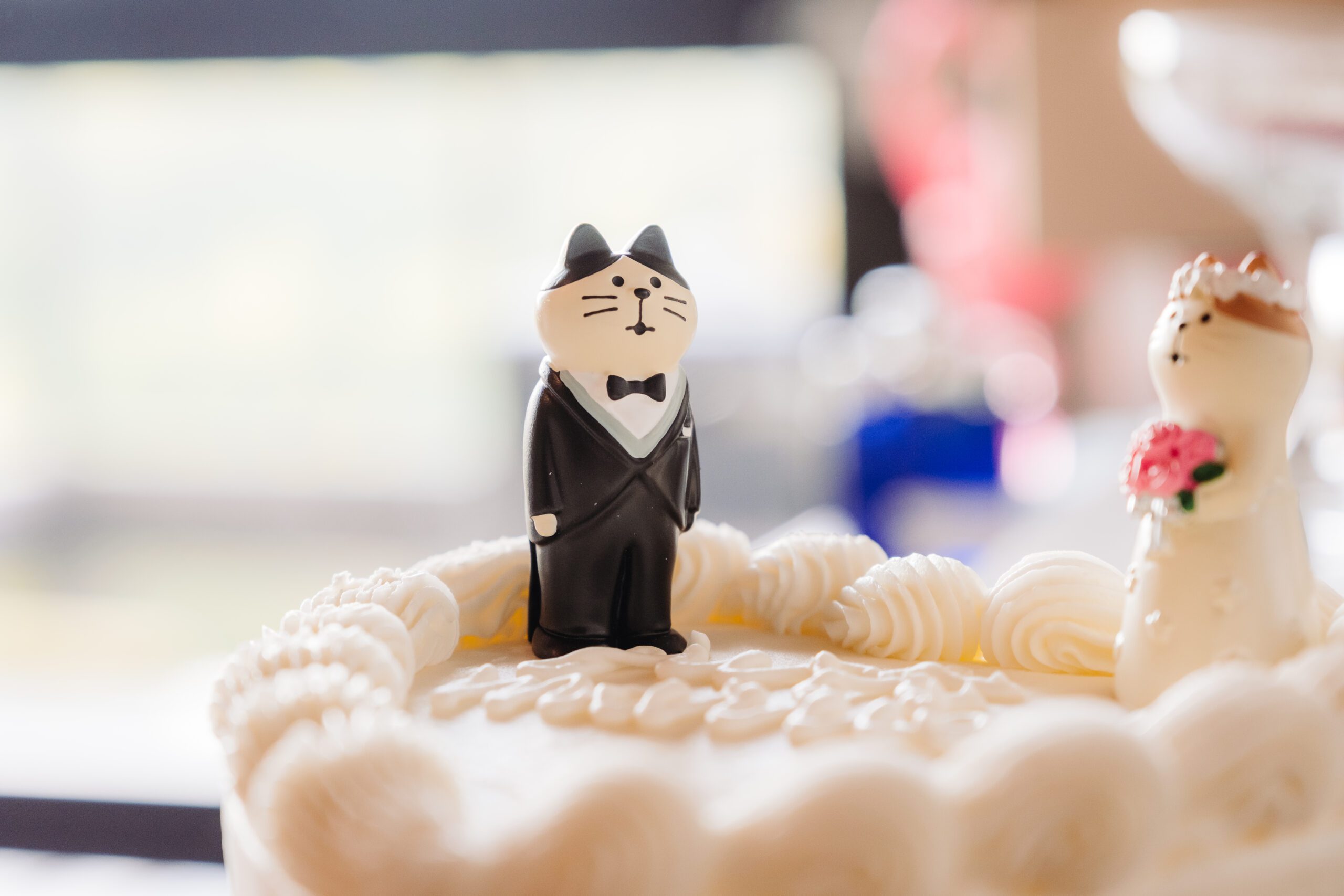 Whimsical cat bride and groom cake toppers add personal touches to your elopement celebration cake.