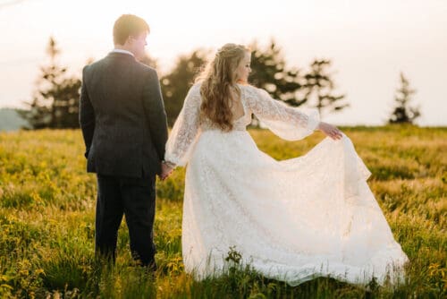 Sunset elopement in Asheville with golden hour light in the Blue Ridge Mountains