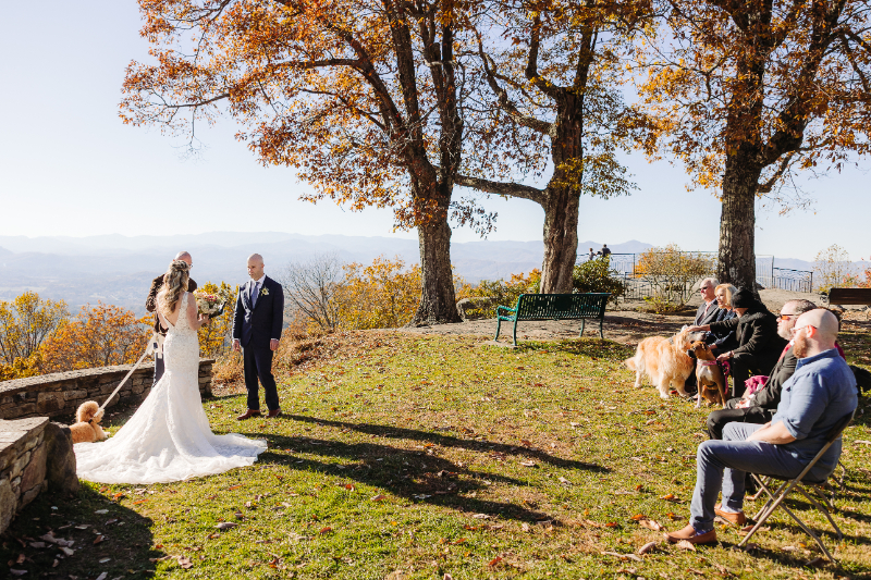 Outdoor ceremony scene with couple at altar, guests watching on a sunny hillside