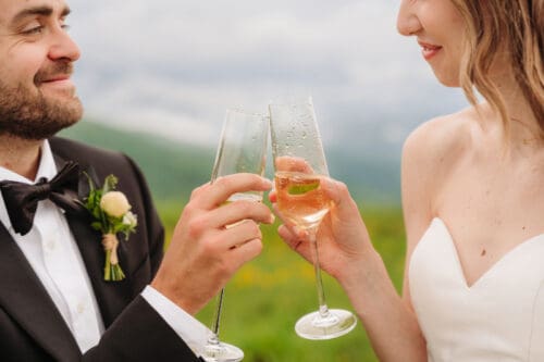 Couple toasting champagne during a remote elopement in the Blue Ridge Mountains with scenic outdoor mountain views.