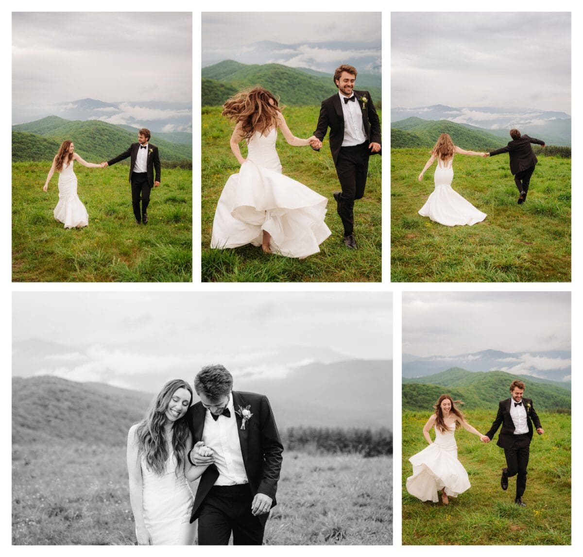 Couple running and laughing on Max Patch after their elopement