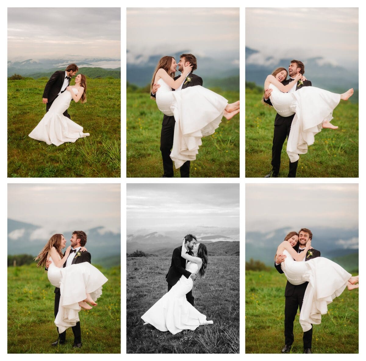 Newlyweds sharing a joyful moment surrounded by Blue Ridge Mountain views