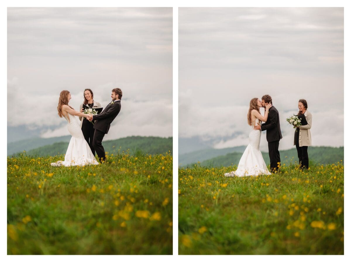 Couple sharing their first kiss at Max Patch on their elopement day