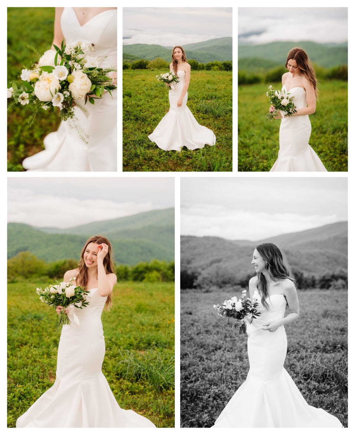 Bridal portrait of Brennah overlooking the Blue Ridge Mountains in North Carolina