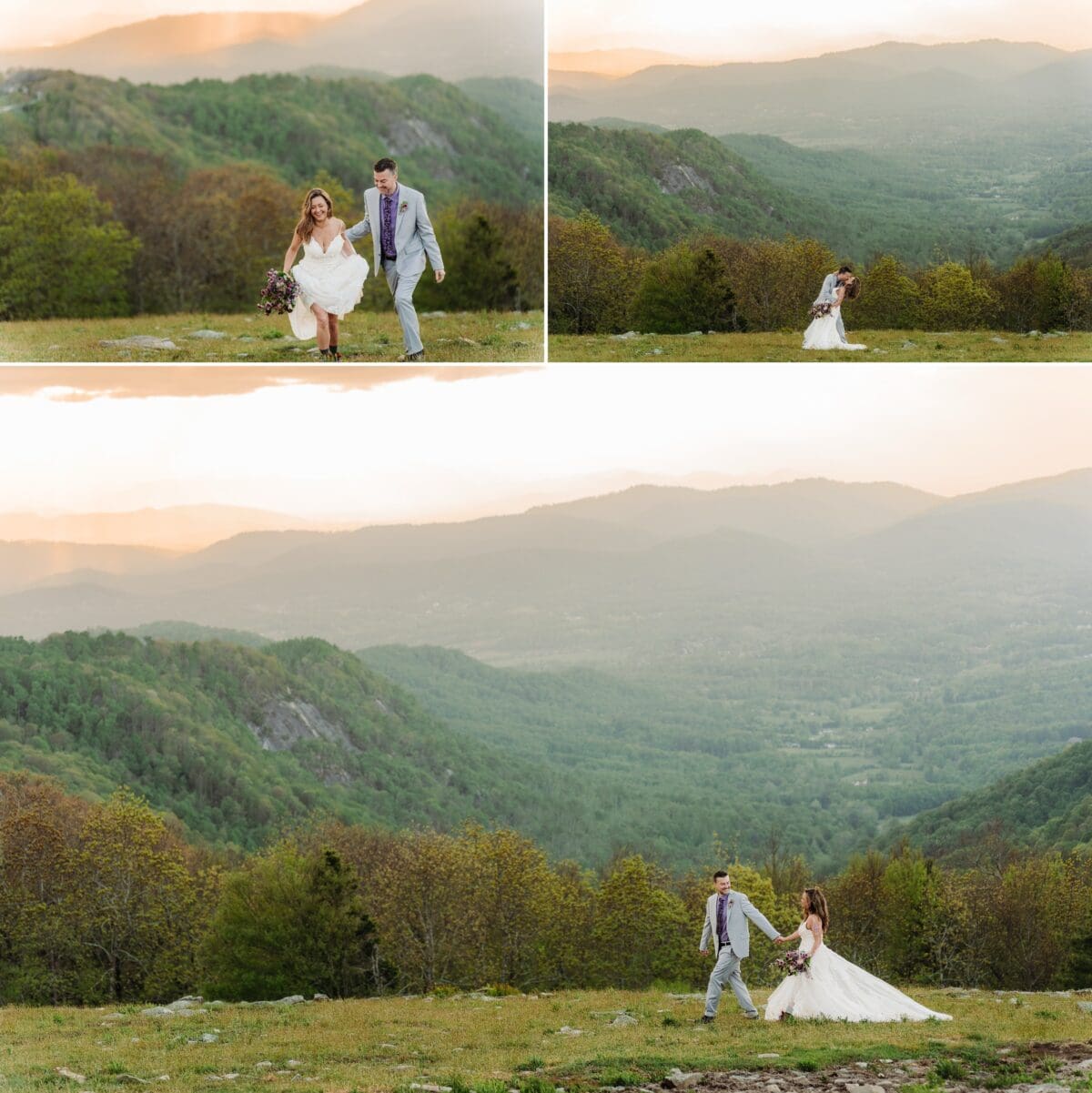 Natalie and Charles walk hand in hand across Bearwallow Mountain at sunset.