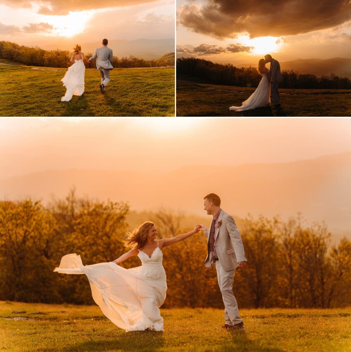 Natalie and Charles run and dance together during golden hour on Bearwallow Mountain.