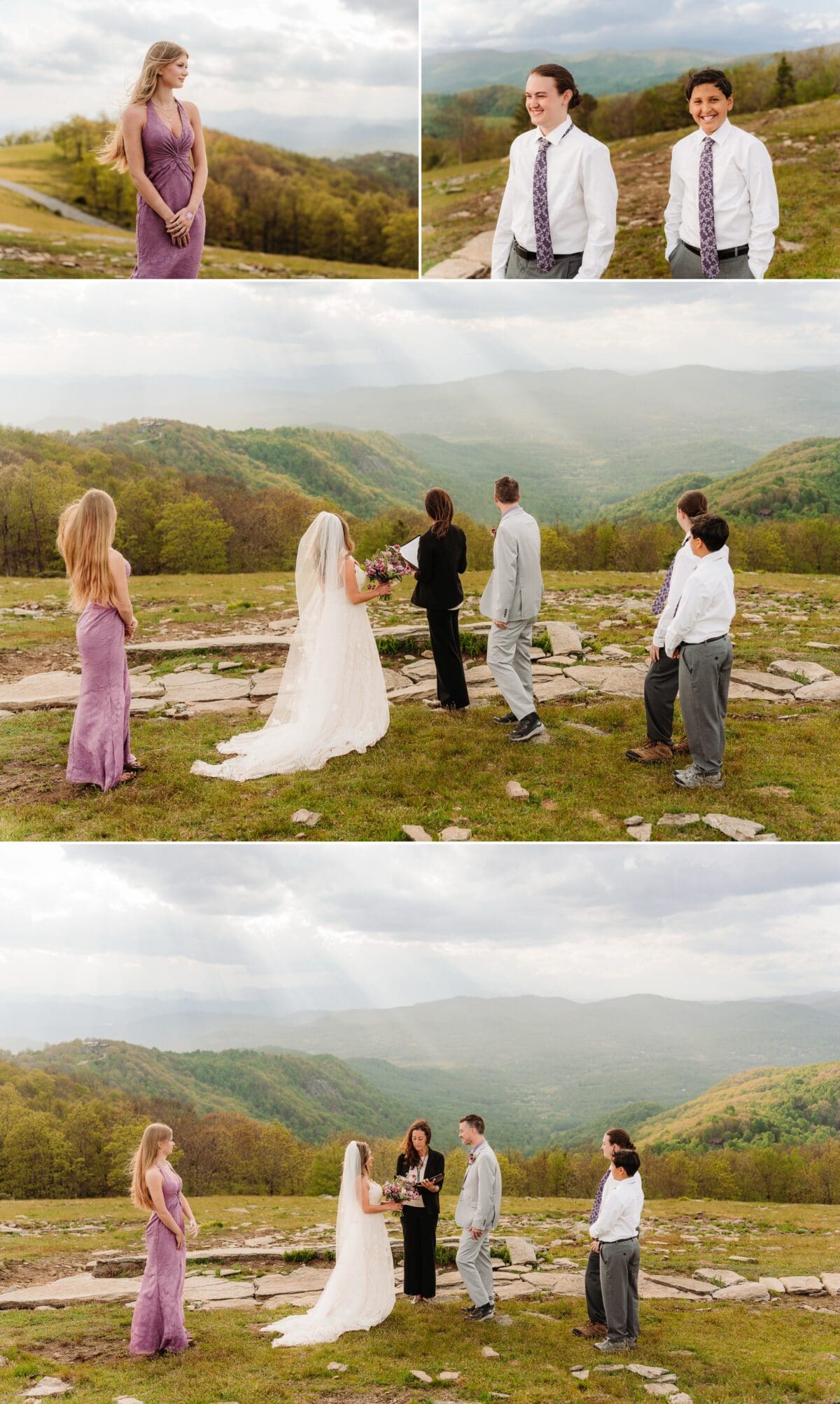 Natalie and Charles stand with their children overlooking the Blue Ridge Mountains before their Bearwallow Mountain wedding ceremony.