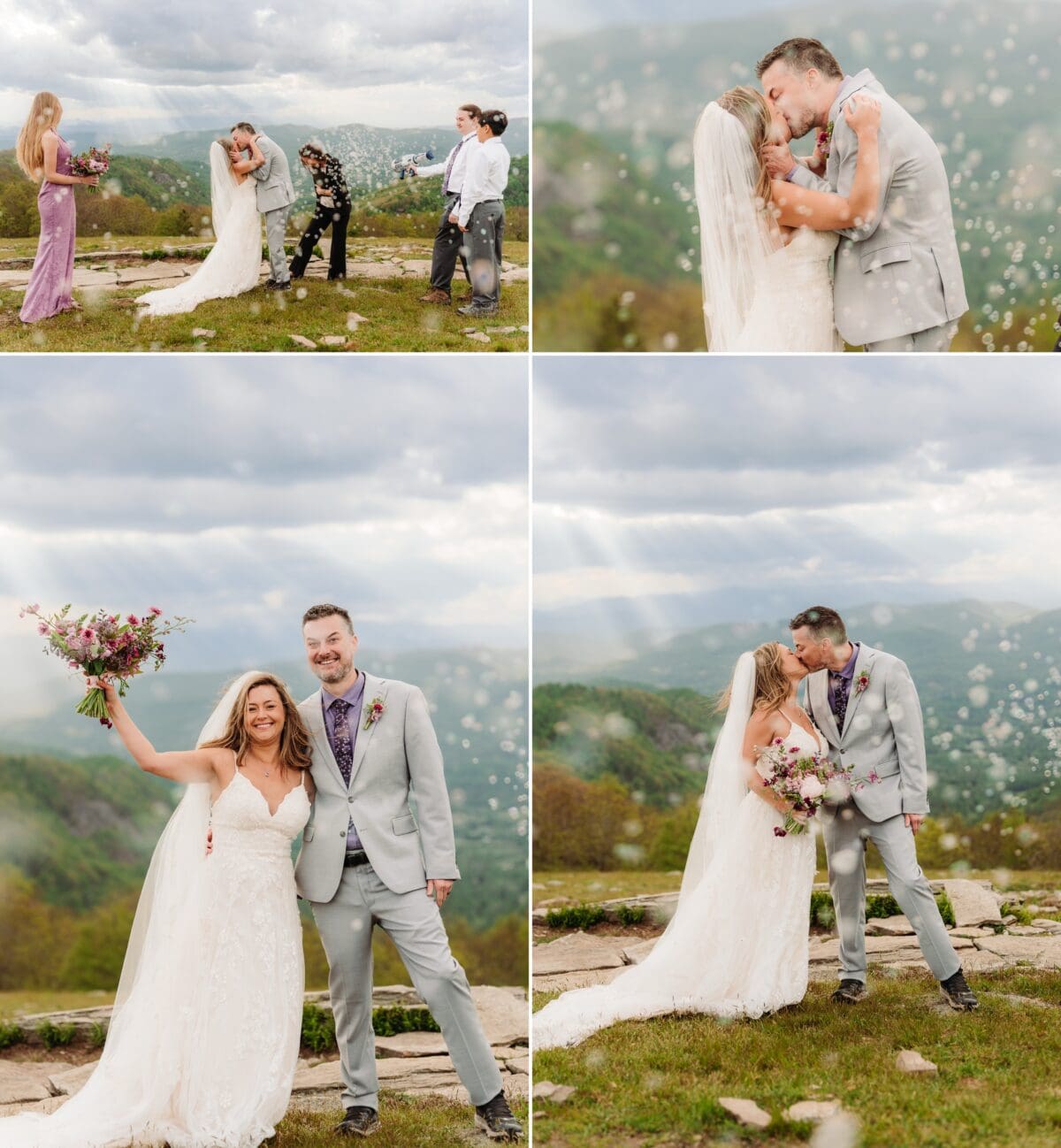 Natalie and Charles share their first kiss beneath bubbles during their Bearwallow Mountain elopement.
