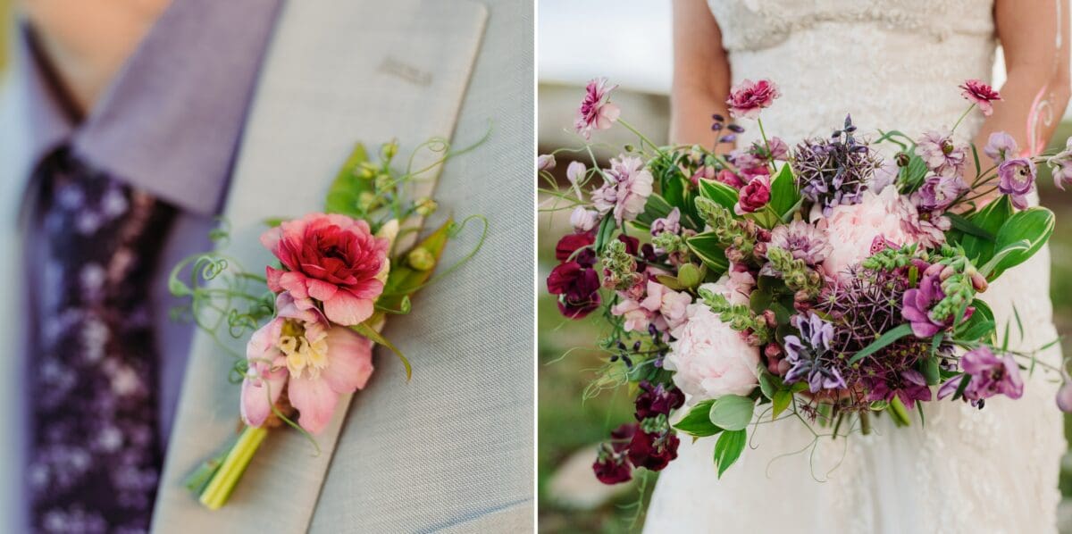 Colorful spring bouquet and boutonniere details from a Bearwallow Mountain elopement.
