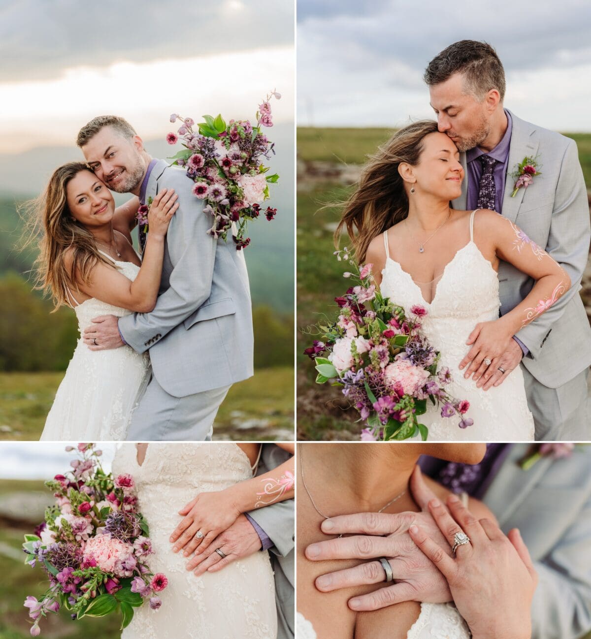 Natalie and Charles embrace during sunset portraits on Bearwallow Mountain near Asheville.