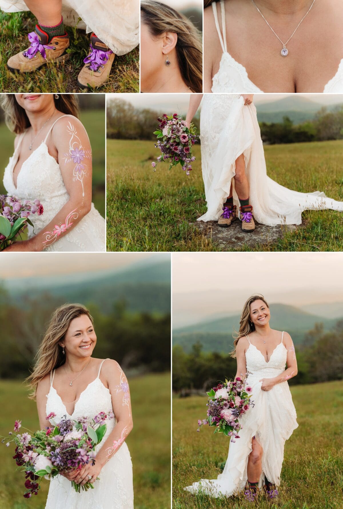 Bride details including hiking boots, bouquet, jewelry, and floral body art at a Bearwallow Mountain elopement.