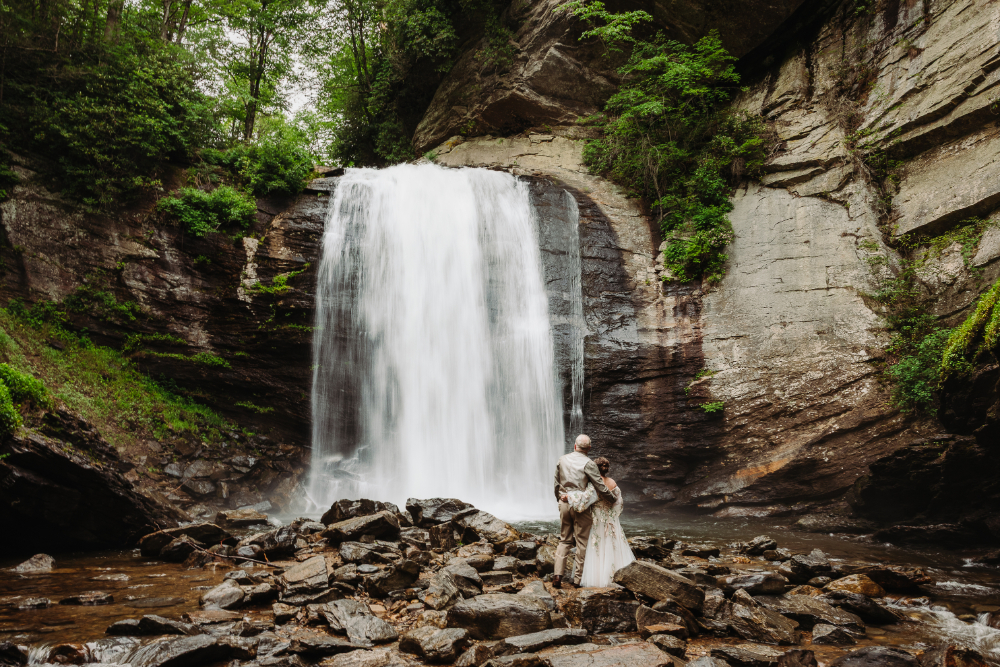 Waterfall surrounded by lush green forest, creating a peaceful setting for a wedding over 40.
